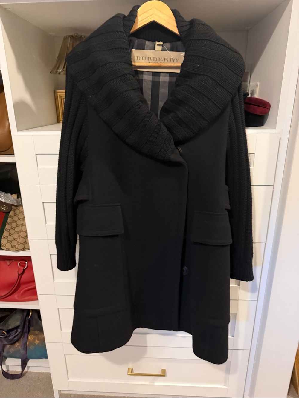 Burberry Black Wool-Blend Trench Coat with Knit Shawl Collar